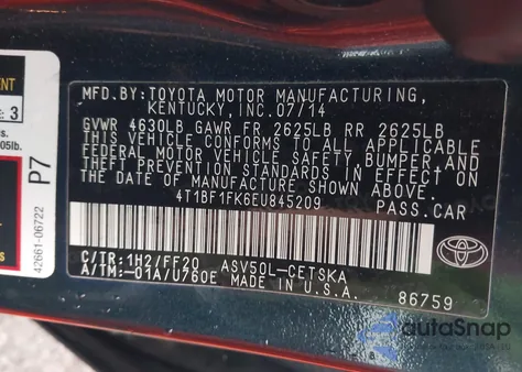 2014 Toyota Camry Se из США, поврежденный, VIN 4T1BF1FK6EU845209